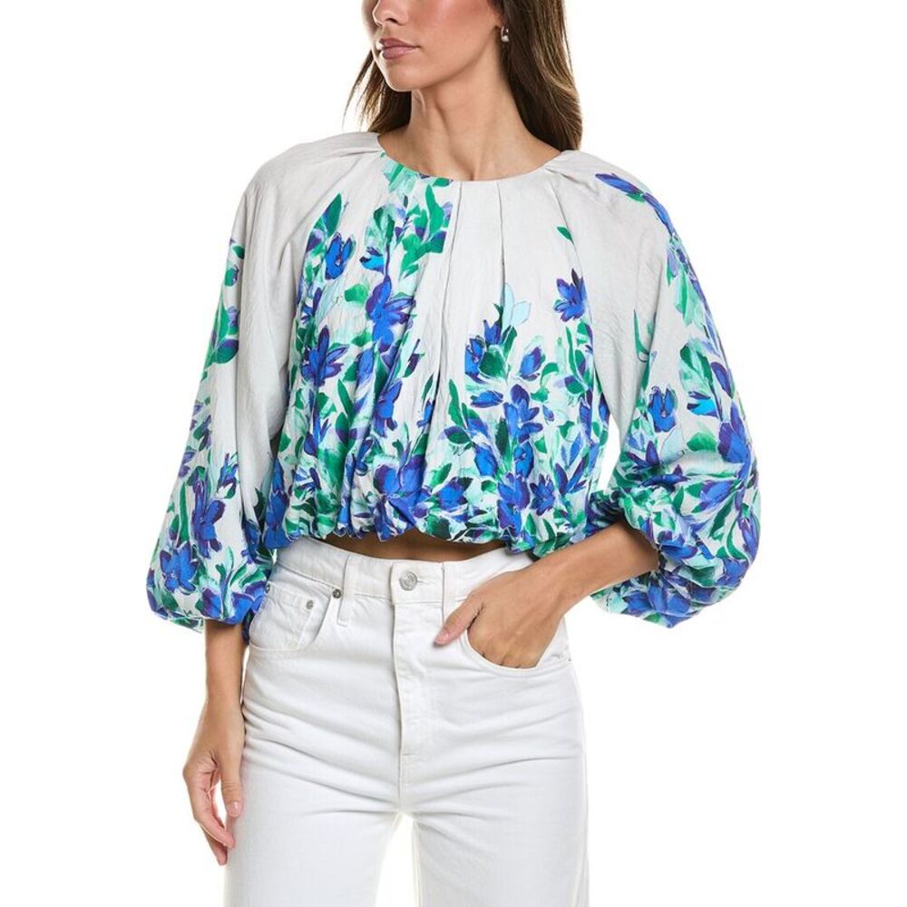 Gracia Womens  Floral Print Pleated Top, Blue